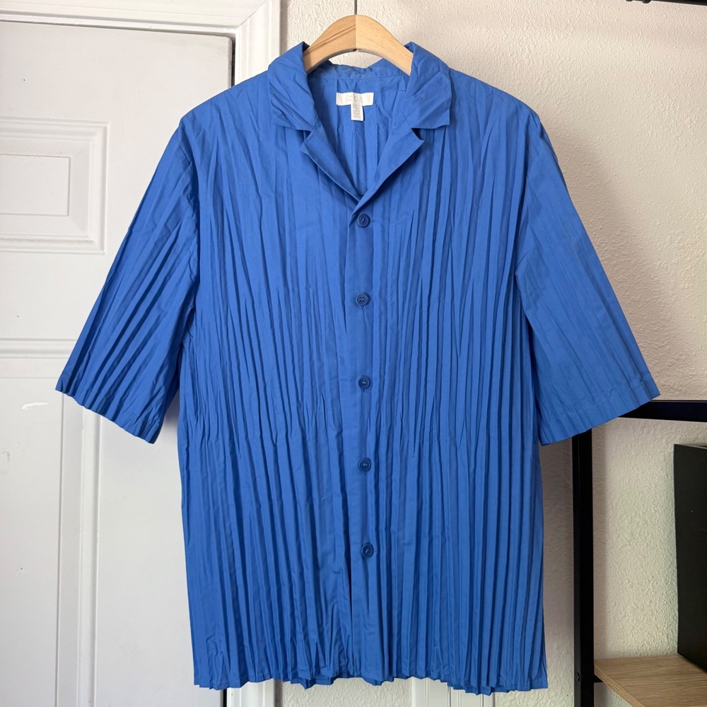 COS blue royal cobalt pleated short sleeve button up shirt